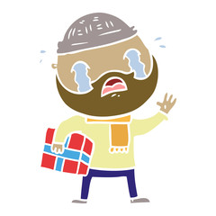 flat color style cartoon bearded man crying with christmas present
