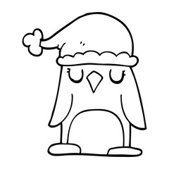 line drawing cartoon penguin wearing christmas hat