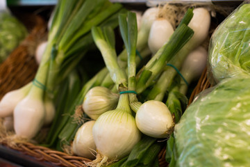 bundles of green young onion on the counter