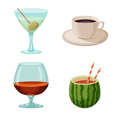 Vector illustration of drink and bar sign. Set of drink and party stock vector illustration.