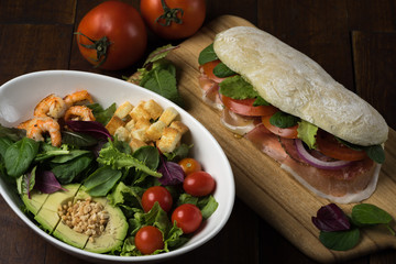 shrimp and avocado salad and salami Prosciutto Sandwich