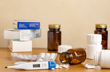 Digital thermometer and different pills box and bottles