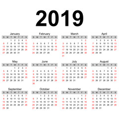 Simple calendar for 2019 year isolated on white background. Vector illustration