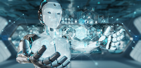 White woman cyborg using digital datas interface 3D rendering