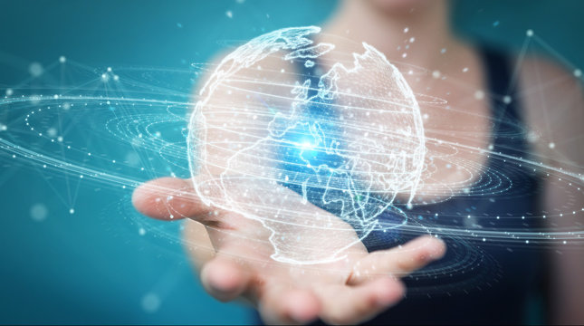 Businesswoman using globe network hologram with Europe map 3D rendering