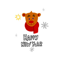 Cartoon bear with Happy New year lettering