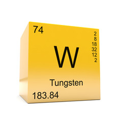 Tungsten chemical element symbol from the periodic table displayed on glossy yellow cube