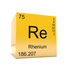 Rhenium chemical element symbol from the periodic table displayed on glossy yellow cube