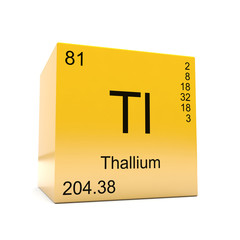 Thallium chemical element symbol from the periodic table displayed on glossy yellow cube