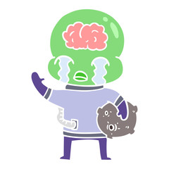 flat color style cartoon big brain alien crying and waving goodbye