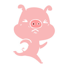 flat color style cartoon annoyed pig running