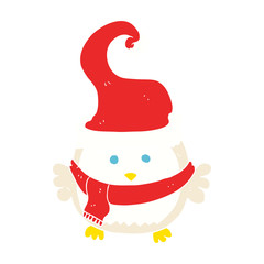 flat color illustration of a cartoon owl wearing christmas hat