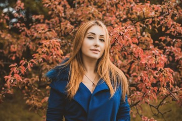 Autumn ladies trend, stylish makeup and hair style. Woman portrait at vintage tones. Red hair lady in blue fur coat 