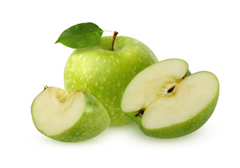 Green Apple with leaf, isolated on white