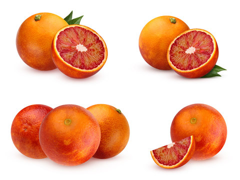 Collection bloody red oranges isolated on white background