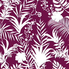 White tropical leaves Vector seamless pattern Exotic monotone forest leaves