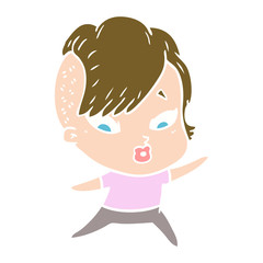 flat color style cartoon surprised girl pointing