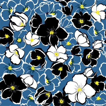 Seamless vector blooming florals background with monotone blue hand sketch and drawing flowers illustration