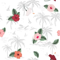 Tuinposter Beautiful seamless island pattern on white background. Landscape with palm trees,beach ,hibiscus flowers and ocean vector © MSNTY_STUDIOX
