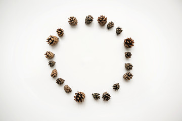 Winter composition. Wreath of cones on a white background. Flat lay, top view