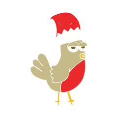 flat color illustration of a cartoon robin in christmas hat