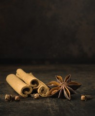 Aniseed star, cinnamon sticks and cloves on a rustic background with copy space for your text