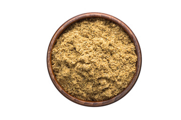 Cumin powder spice in wooden bowl, isolated on white background. Seasoning top view