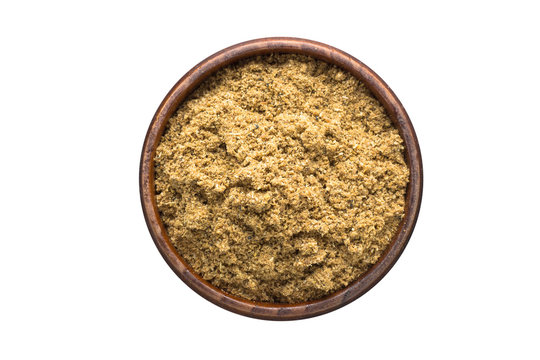 Cumin Powder Spice In Wooden Bowl, Isolated On White Background. Seasoning Top View