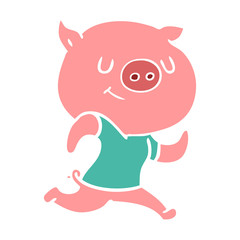 happy flat color style cartoon pig running