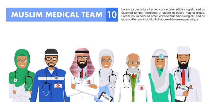 Medical concept. Detailed illustration of muslim arabian doctor and nurses in flat style isolated on white background. Practitioner arabic doctors man and woman standing. Vector illustration.
