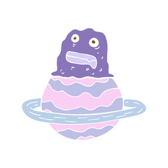 flat color illustration of a cartoon alien on planet
