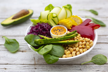 Buddha bowl with delicious and healthy colorful vegetables. 
