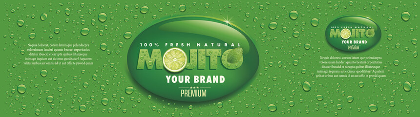 mojito name with lime slice, mint leaf and many water drops, packaging label