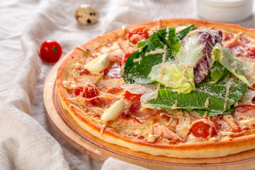 Delicious fresh pizza served on wooden table