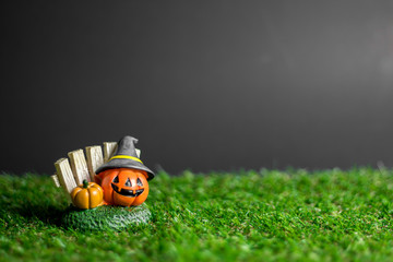 Halloween Pumpkin wearing a hat on the grass.