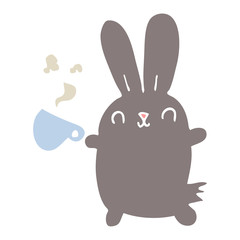 cute flat color style cartoon rabbit with coffee cup