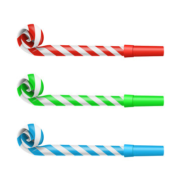 Realistic Detailed 3d Party Blower Whistles Set. Vector