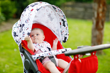 Cute little beautiful baby girl of 6 months sitting in the pram or stroller and waiting for mom