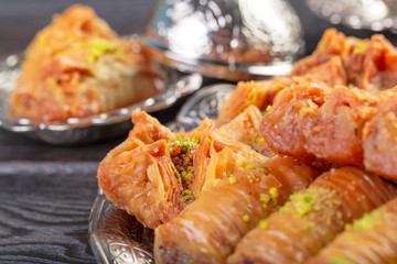 Homemade baklava with nuts and honey syrup