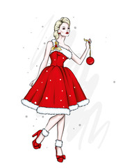 Beautiful girl in evening dress. New Year and Christmas, Christmas tree and gifts. Vector illustration for a postcard or a poster, print for clothes. Winter holidays.