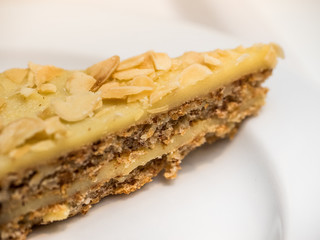 Slice of cheese cake with vanilla topping and almond flakes on a white plate. Close-up. Shallow depth of field.