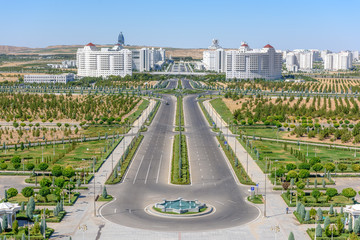 Ashgabat Turkmenistan city scape, skyline of beautiful architecture and parks in Ashgabad the capital city of Turkmenistan in Central Asia - obrazy, fototapety, plakaty
