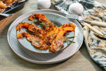 Baked pumpkin with bacon.