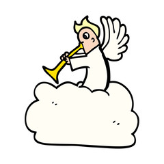cartoon doodle angel on cloud with trumpet