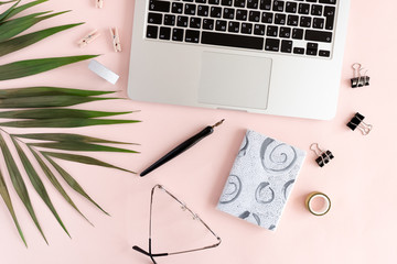 Home office desk with laptop, green leaf, notepad, calligraphic pen, glasses, paper clips, duct tape, wooden clothespins on a pale pink pastel background