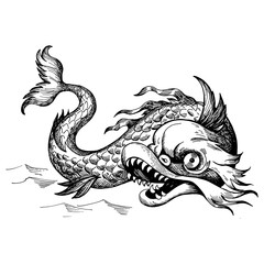 Mythological vintage sea monster. Fragment of old pirate map. Hand drawn sketch vector