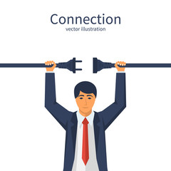 Connecting power socket. Businessman connecting hold plug and outlet in hand. Vector illustration flat design, isolated on background. Business connection concept.
