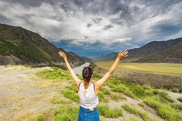 Fototapeta premium Tourist girl in the mountains.