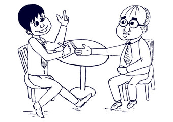 Smiling young businessman making a deal with an old businessman sitting at a round table. Vectro cartoon characters.