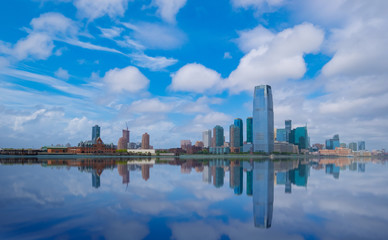 New York City panorama skyline reflections  with over Hudson River, Manhattan skyline 